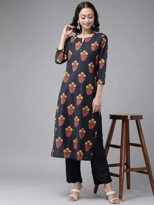 Yufta Women Navy Blue & Mustard Yellow Floral Printed Pure Cotton Kurta with Palazzos