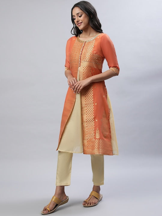 Aurelia Ethnic Motifs Woven Design Sequined A-Line Kurta with Trousers & Dupatta