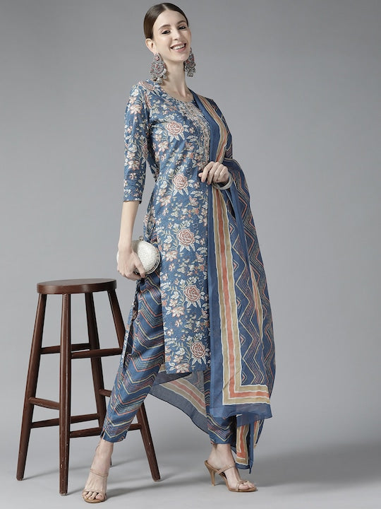 Yufta Women Blue Floral Printed Sequinned Pure Cotton Kurta with Trousers & With Dupatta