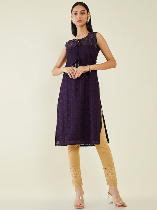 Soch Embroidered Chikankari Tie Up Neck Sleeveless Georgette Kurta