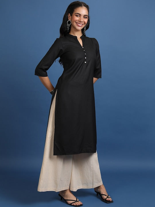 Vishudh Black Mandarin Collar Straight Kurta