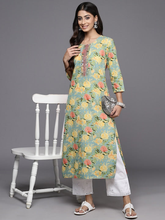 Varanga Floral Printed Mirror Work Pure Cotton Kurta