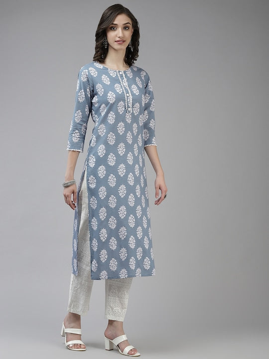 Yufta Women Blue Ethnic Motifs Printed Pure Cotton Kurta with Trousers & Dupatta