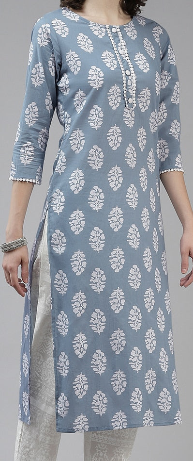 Yufta Women Blue Ethnic Motifs Printed Pure Cotton Kurta with Trousers & Dupatta