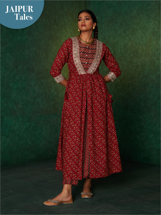 Likha Maroon Rustic Printed with Zari Work Co-ord Set With Jacket LIKSKD144 (Set of 3) - XL