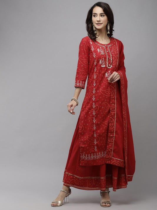 ISHIN Women's Cotton Red Bandhani Embroidered A-Line Kurta Sharara Dupattta (Set of 3)