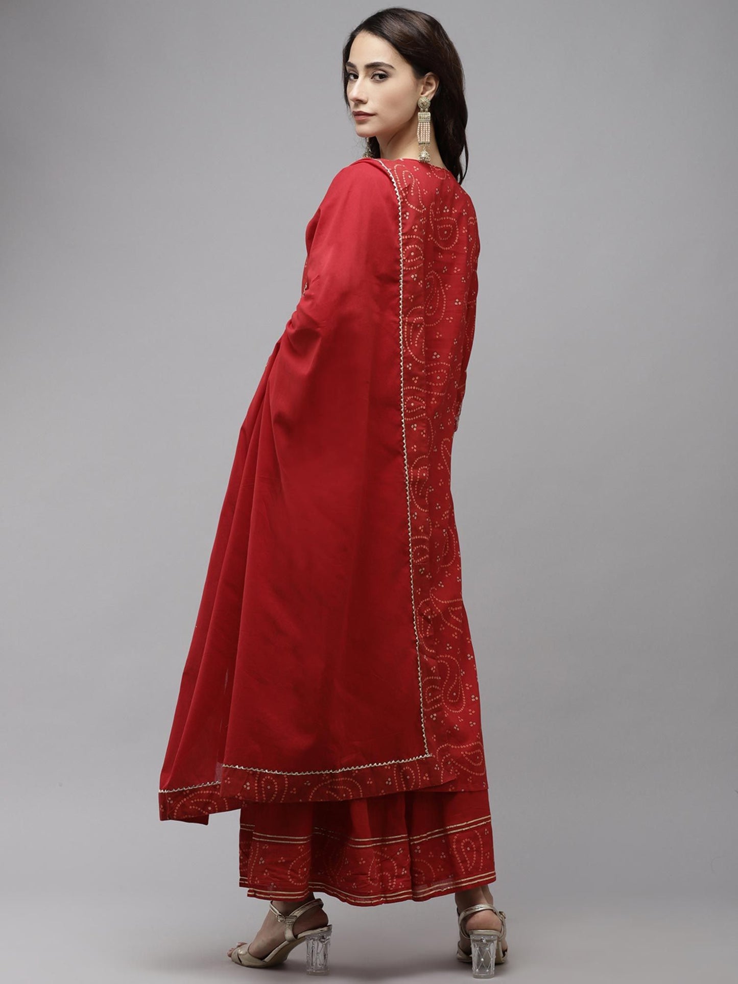 ISHIN Women's Cotton Red Bandhani Embroidered A-Line Kurta Sharara Dupattta (Set of 3)