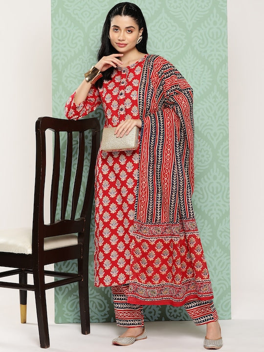 Yufta Floral Printed Regular Sequinned Pure Cotton Kurta with Trousers & With Dupatta