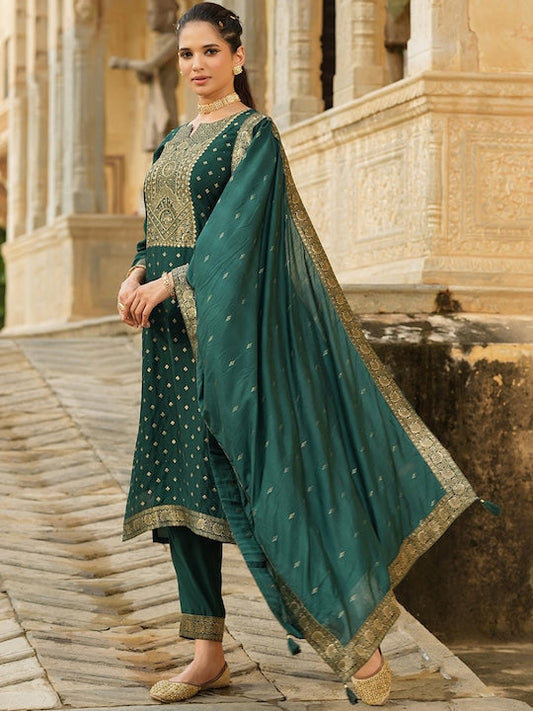 Scakhi Women Green Ethnic Motifs Pure Silk Kurta with Trousers & With Dupatta