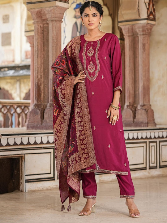 Scakhi Floral Embroidered Regular Kurta with Trousers & Dupatta