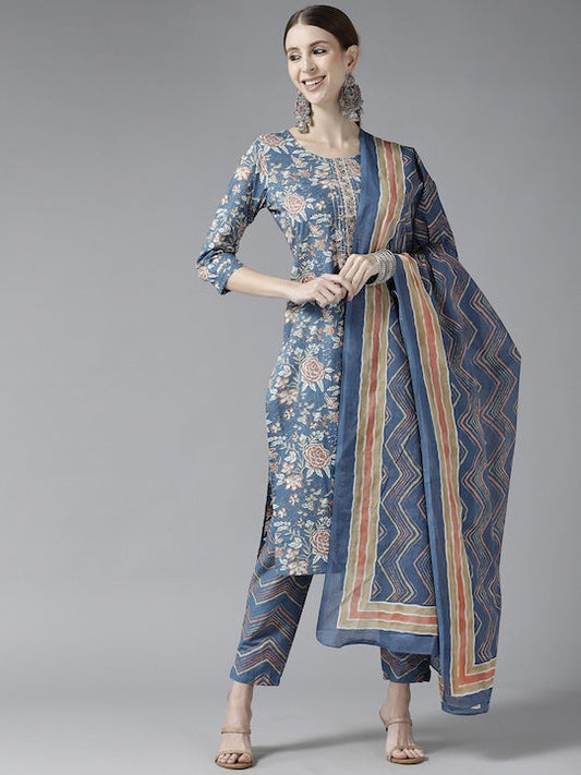 Yufta Women Blue Floral Printed Sequinned Pure Cotton Kurta with Trousers & With Dupatta
