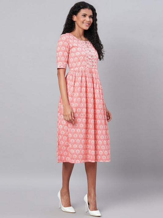 Myshka Women Pink & Off-White Printed A-Line Dress  - XXL