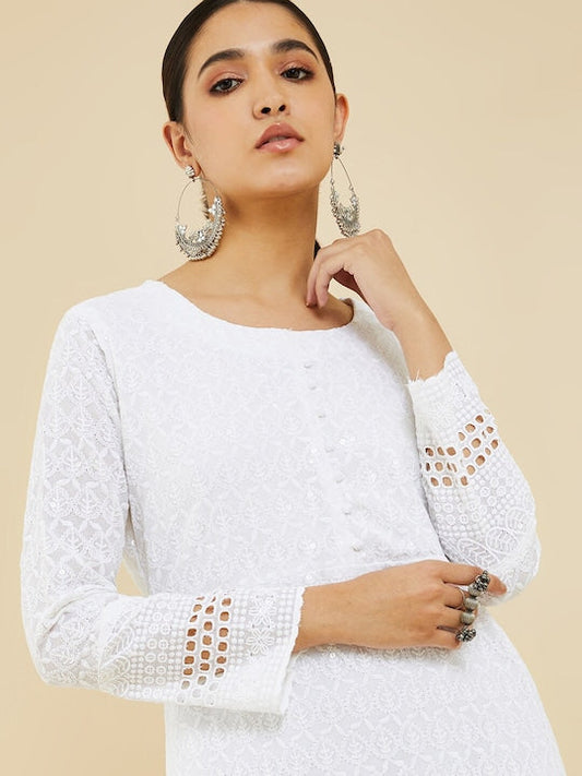Soch Ethnic Motifs Embroidered Chikankari Cotton Straight Kurta
