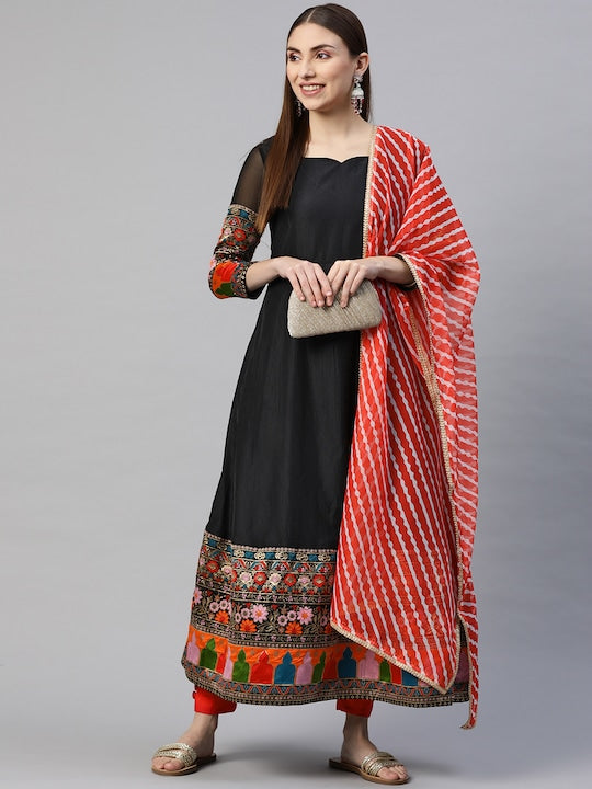 Myshka Women Black Embroidered Detail Anarkali Kurta With Dupatta