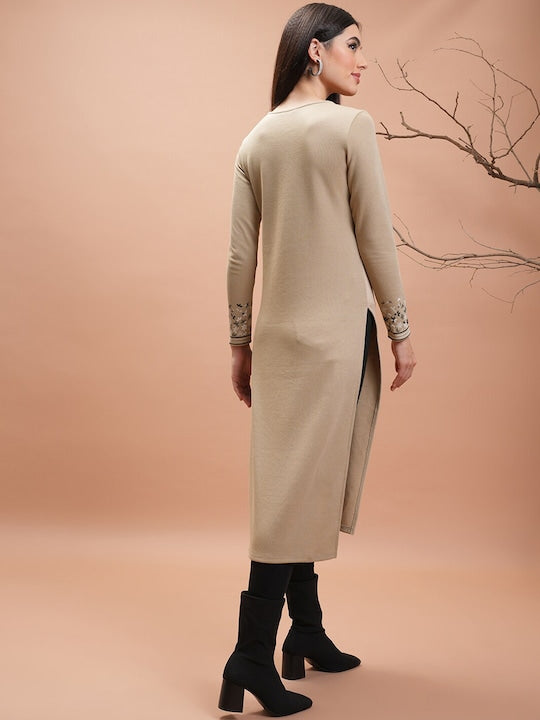 Vishudh Beige Floral Printed Long Sleeves Straight Kurta