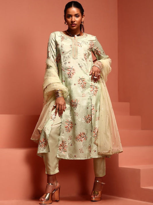 IMARA Floral Printed Regular Gotta Patti Kurta With Trousers & Dupatta