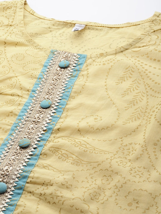 Yufta Paisley Yoke Design Gotta Patti Pure Cotton Kurta with Trousers & With Dupatta