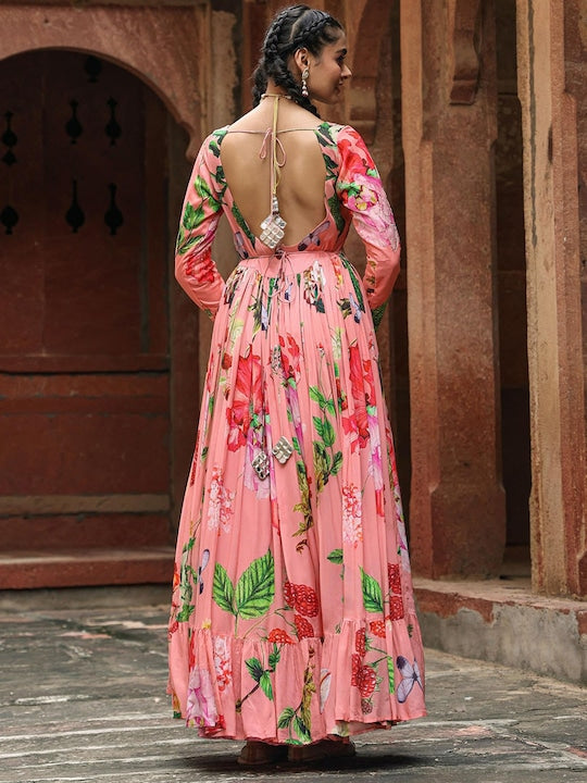Scakhi Floral Printed Gathered Detailed Chinon Silk Maxi Ethnic Dress With Belt