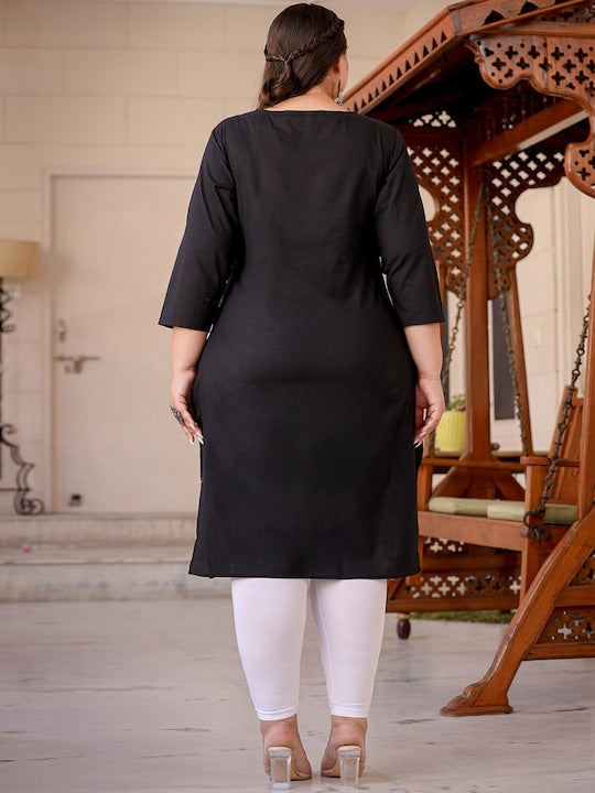 Yufta Plus Size Ethnic Motifs Chikankari Embroidered Pure Cotton Kurta