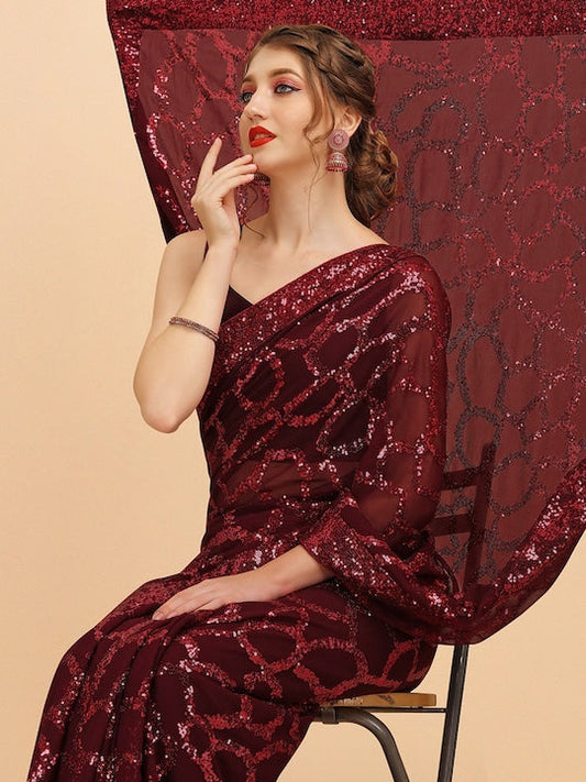 Sangria Burgundy Embellished Pure Georgette Saree