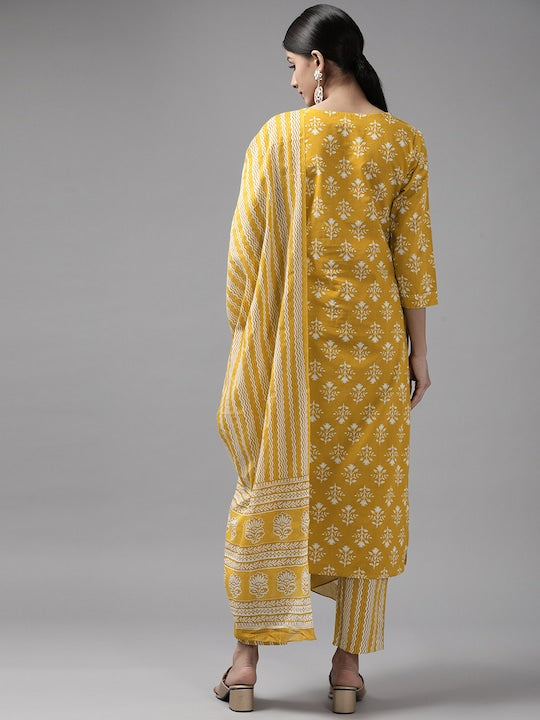 Yufta Women Mustard Yellow Floral Printed Pure Cotton Kurta with Trousers & With Dupatta