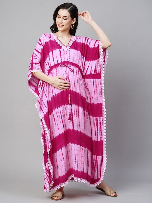 MomToBe Tie and Dye Printed Kimono Sleeves Maternity Kaftan Maxi Dress