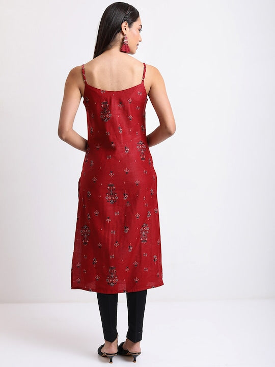 Vishudh Red & Navy blue Ethnic Printed Shoulder Straps Kurta