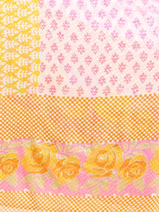 Vishudh Women Mustard & Pink Floral Printed Kurta with Palazzo and Dupatta