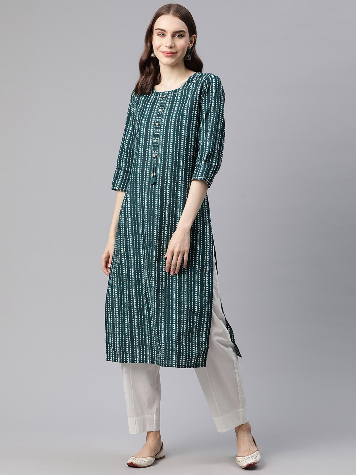 PIROH Womens Cotton Bandhani Print Straight Kurta Teal