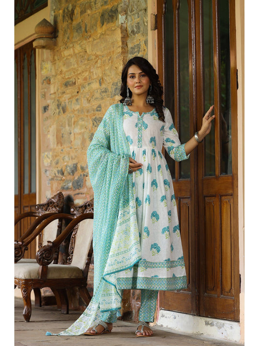 PIROH Womens Cotton Floral Print Anarkali Kurta-Pant With Dupatta White and Blue (Set of 3)