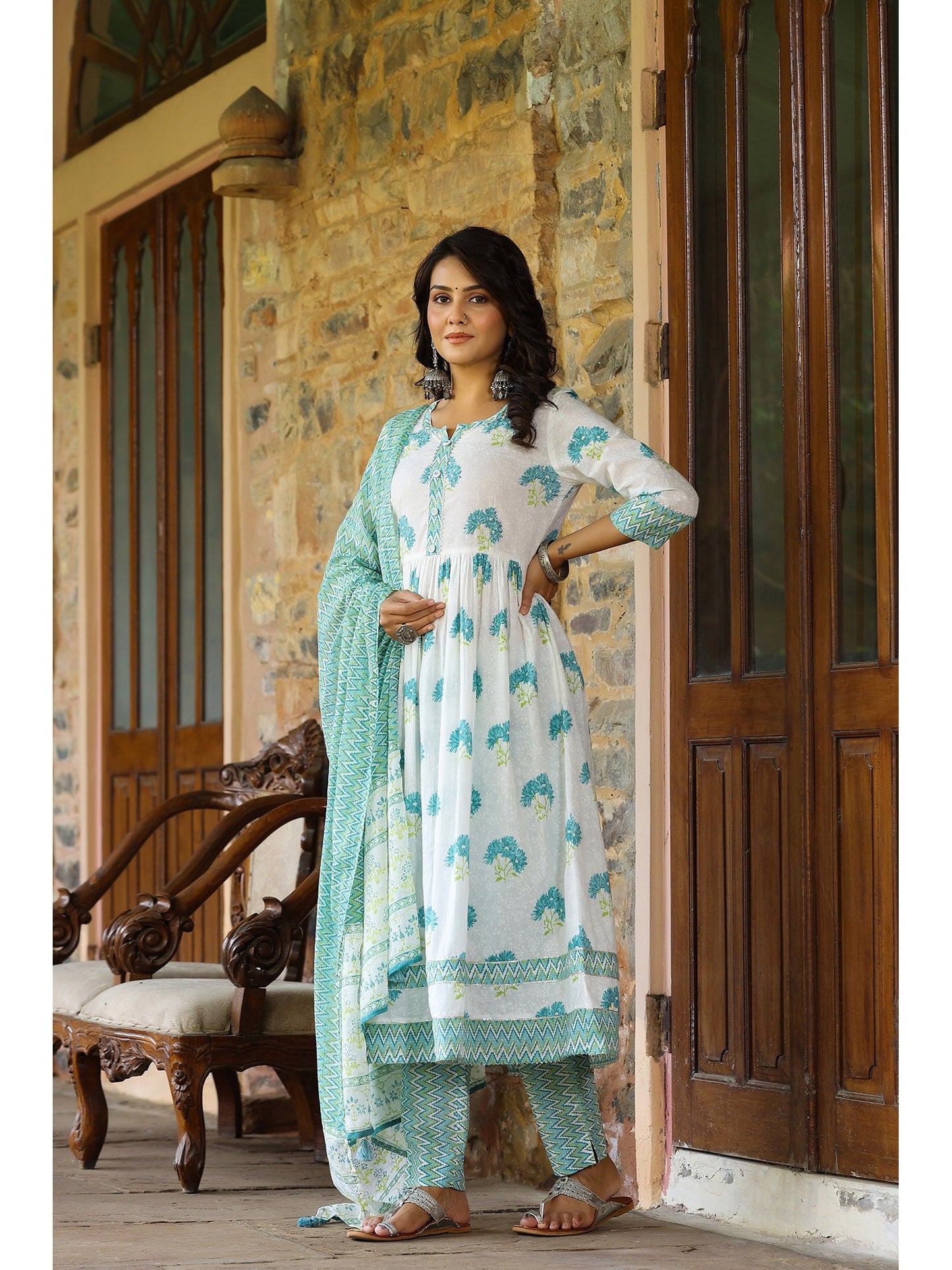 PIROH Womens Cotton Floral Print Anarkali Kurta-Pant With Dupatta White and Blue (Set of 3)