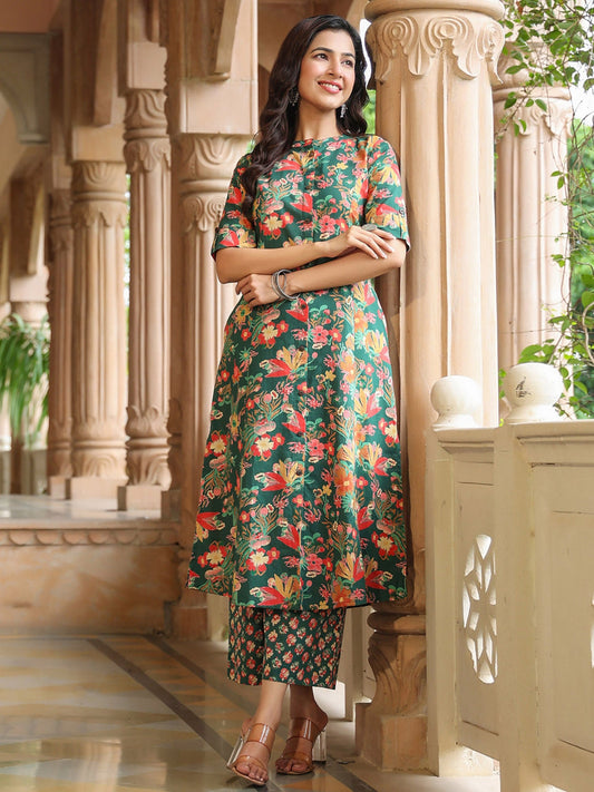 PIROH Women Cotton Floral Print A-Line Kurta Palazzo Blue (Set of 2) - XL