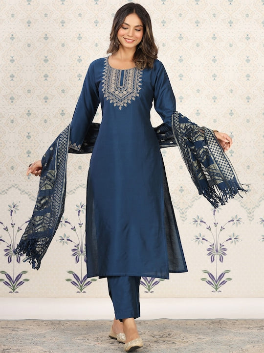 House of Pataudi Ethnic Motifs Embroidered Kurta with Trousers & With Dupatta