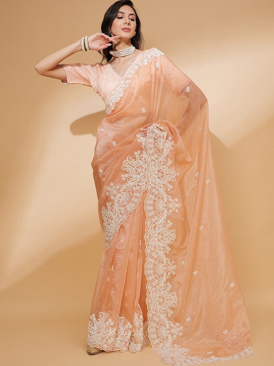 All about you Organza Embroidery Cut Work With Lace Border Saree