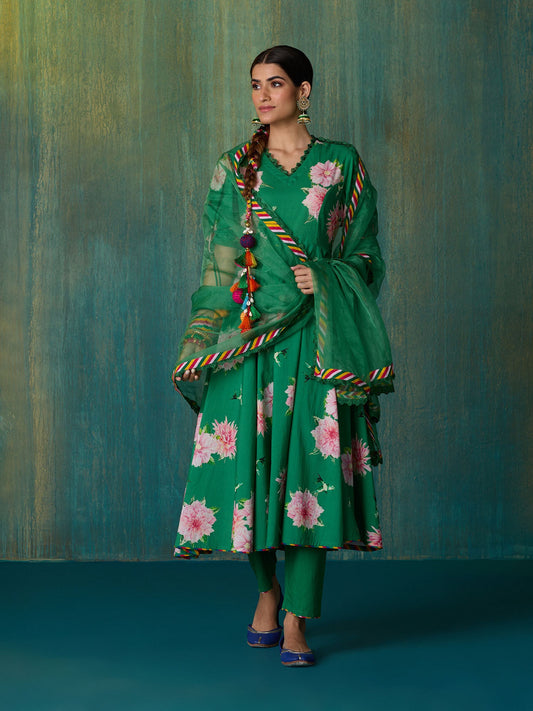 Likha Green Ethnic Bloom Printed Kurta Pant & Organza Dupatta LIKSKD204 (Set of 3)