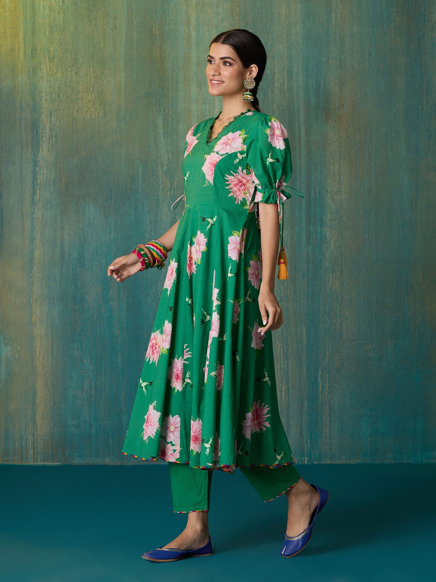 Likha Green Ethnic Bloom Printed Kurta Pant & Organza Dupatta LIKSKD204 (Set of 3)