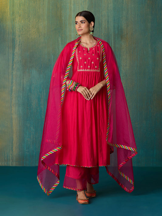 Likha Red Ethnic Bloom Embroidered Kurta Pant & Organza Dupatta LIKSKD287 (Set of 3)