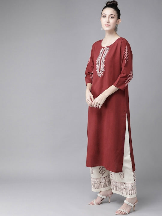 Yufta Women Maroon & White Embroidered Pure Cotton Kurta with Palazzos & Dupatta