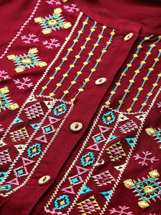 All about you Maroon Floral Yoke Designed Mandarin Collar Cotton Anarkali Kurta