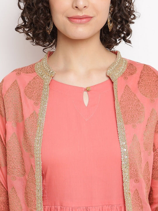 IMARA Keyhole Neck Anarkali Kurta With Ethnic Motifs Woven Design Jacket