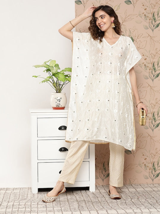 Yufta Floral Embroidered Flared Sleeves Chanderi Silk Kaftan Kurta