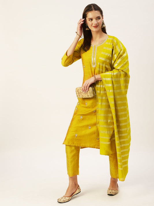 ISHIN Womens Yellow Embroidered Straight Kurta with Trouser & Dupatta (Set of 3)
