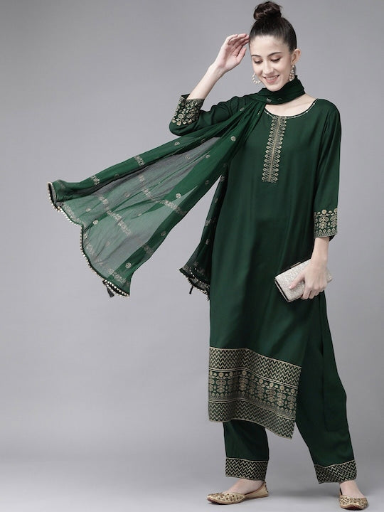 Yufta Women Green Ethnic Motifs Printed Kurta with Trousers & Dupatta