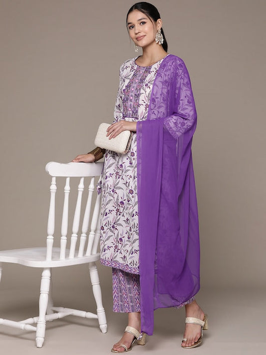 Readiprint Fashions Floral Printed Pleated Thread Work Pure Cotton Kurta Set