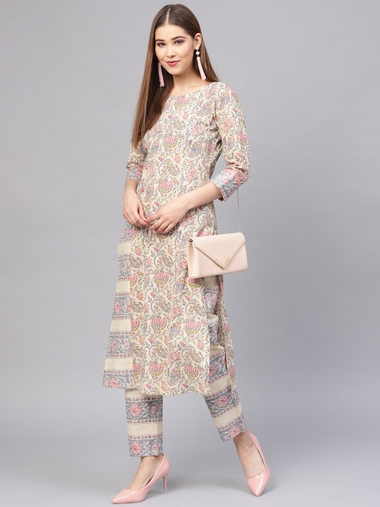 Yufta Women Beige & Grey Printed Kurta with Trousers