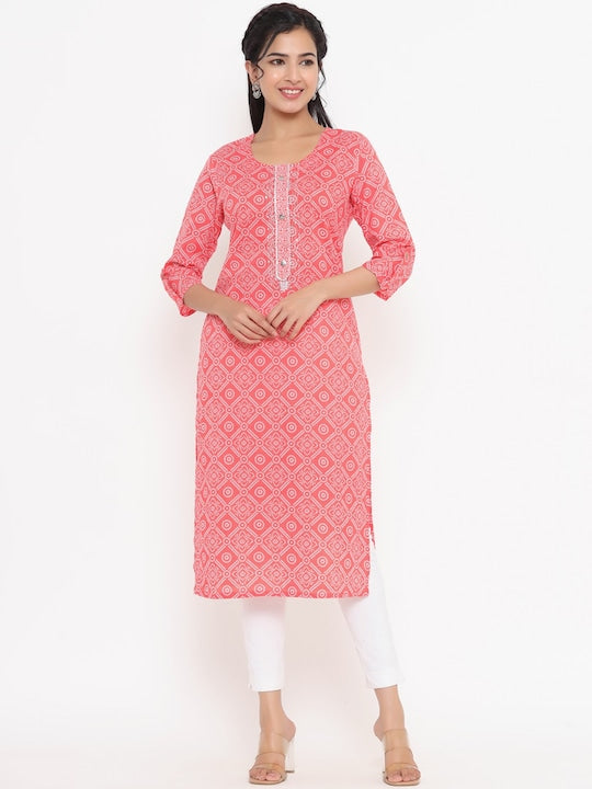 Yufta Women Peach-Coloured Geometric Printed Gotta Patti Kurta - M