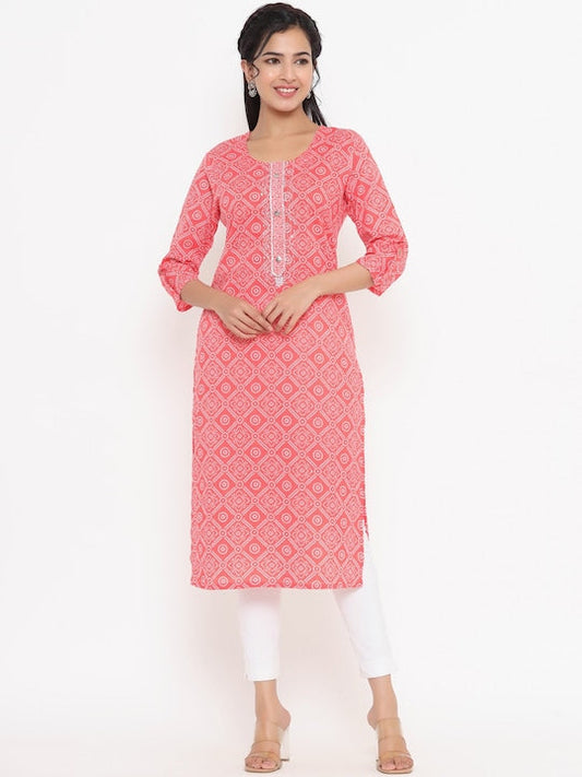 Yufta Women Peach-Coloured Geometric Printed Gotta Patti Kurta - M