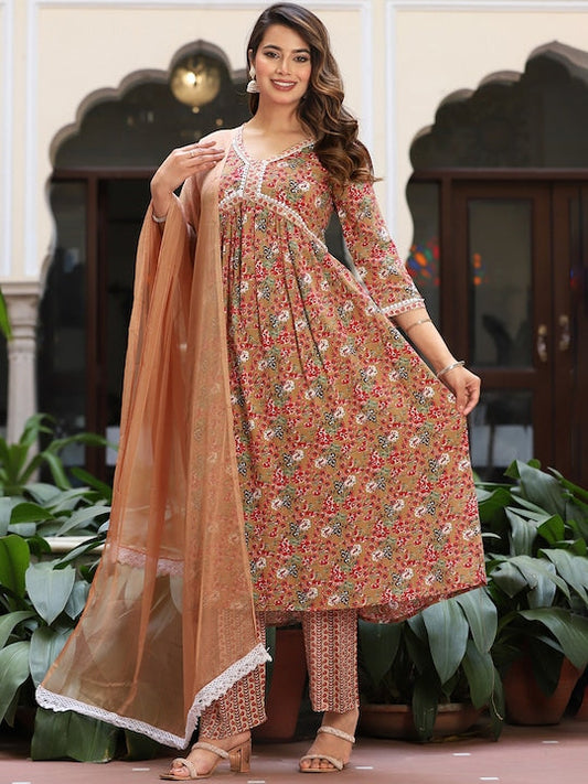 Singni Ethnic Motifs Embroidered V-Neck Three-Quarter Sleeves Anarkali Kurta Set