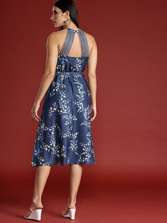 All about you Floral Print Halter-Like Neck Lace Detailed Belted A-Line Midi Dress