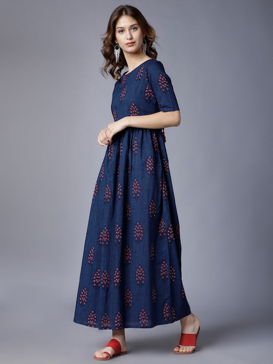Vishudh Navy Blue Ethnic Motifs Printed Cotton Maxi Dress